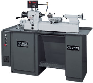 The Cyclematic CTL--27-EVS precision second operation and finishing lathe shown with optional 4 way toolpost.