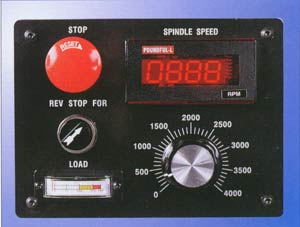 The electronic speed control panel and display on the Cyclematic CTS-27 finishing lathe