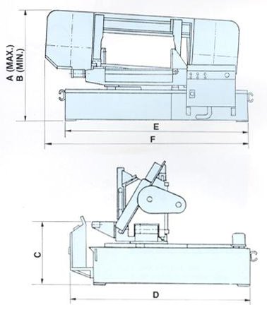 dimensional drawings of Mega BS450 and 760 horizontal bandsaws